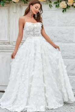 Ivory Floral Lace Sweep Train Wedding Dress
