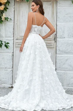 Ivory Floral Lace Sweep Train Wedding Dress
