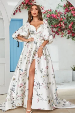 Ivory Floral Satin Chapel Train Wedding Dress