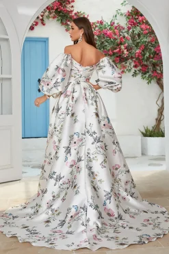 Ivory Floral Satin Chapel Train Wedding Dress