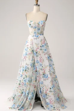 Ivory Flower A-Line Strapless Long Corset Prom Dress