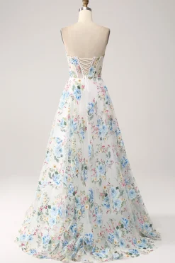 Ivory Flower A-Line Strapless Long Corset Prom Dress