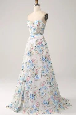 Ivory Flower A-Line Strapless Long Corset Prom Dress