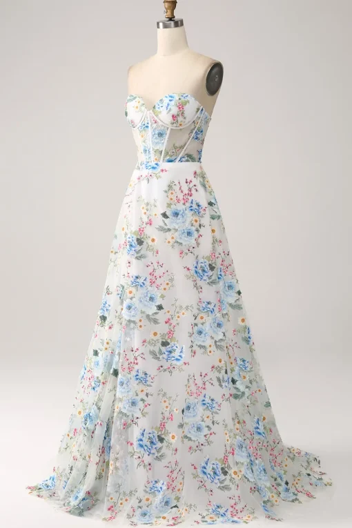 Ivory Flower A-Line Strapless Long Corset Prom Dress