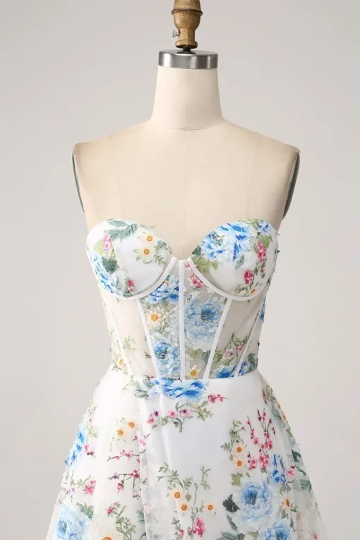 Ivory Flower A-Line Strapless Long Corset Prom Dress