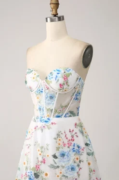 Ivory Flower A-Line Strapless Long Corset Prom Dress