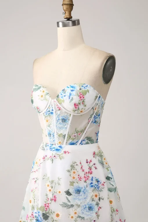 Ivory Flower A-Line Strapless Long Corset Prom Dress