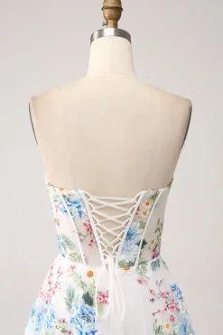 Ivory Flower A-Line Strapless Long Corset Prom Dress