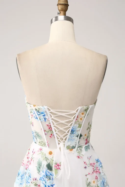 Ivory Flower A-Line Strapless Long Corset Prom Dress