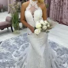 Ivory Halter Long Train Mermaid Wedding Dress with Appliques