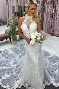 Ivory Halter Long Train Mermaid Wedding Dress with Appliques