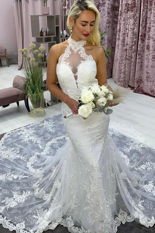Ivory Halter Long Train Mermaid Wedding Dress with Appliques