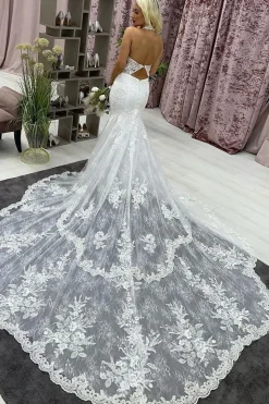 Ivory Halter Long Train Mermaid Wedding Dress with Appliques