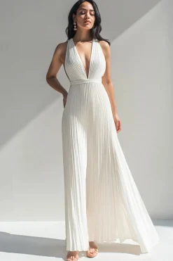 Ivory Halter Neck Chiffon Pleated Long Formal Dress