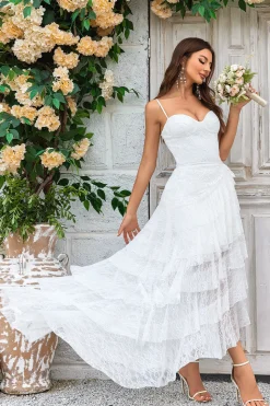 Ivory Lace Asymmetrical Detachable Train Boho Wedding Dress