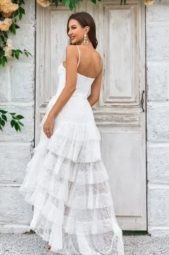 Ivory Lace Asymmetrical Detachable Train Boho Wedding Dress