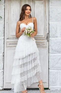 Ivory Lace Asymmetrical Detachable Train Boho Wedding Dress