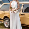 Ivory Lace Chiffon Halter Boho Wedding Dress With Slit