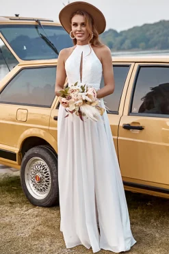 Ivory Lace Chiffon Halter Boho Wedding Dress With Slit
