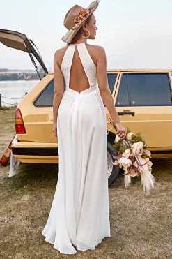 Ivory Lace Chiffon Halter Boho Wedding Dress With Slit