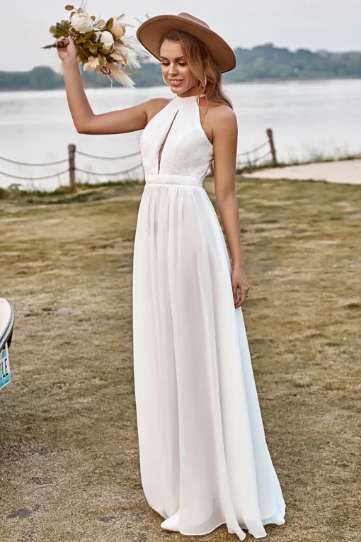 Ivory Lace Chiffon Halter Boho Wedding Dress With Slit