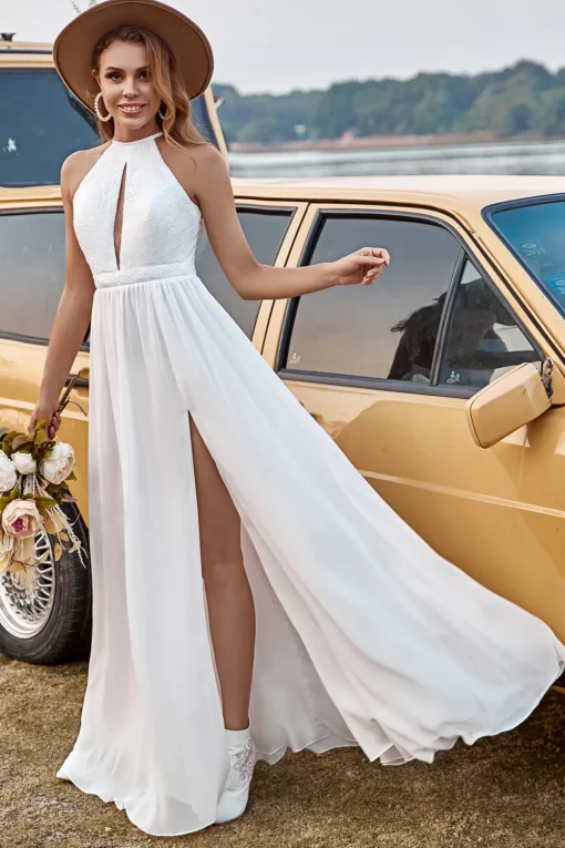 Ivory Lace Chiffon Halter Boho Wedding Dress With Slit