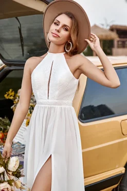 Ivory Lace Chiffon Halter Boho Wedding Dress With Slit