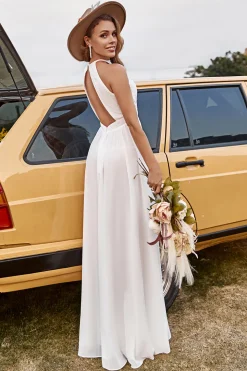 Ivory Lace Chiffon Halter Boho Wedding Dress With Slit