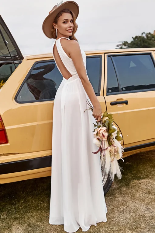 Ivory Lace Chiffon Halter Boho Wedding Dress With Slit