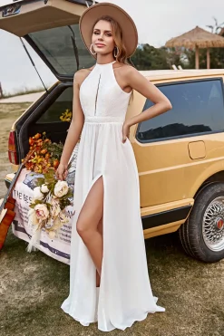 Ivory Lace Chiffon Halter Boho Wedding Dress With Slit