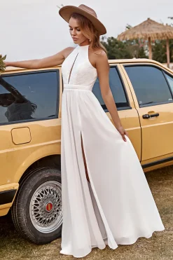 Ivory Lace Chiffon Halter Boho Wedding Dress With Slit