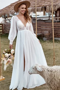 Ivory Lace Chiffon V-Neck Long Sleeve Boho Wedding Dress