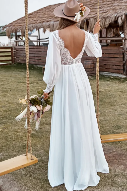 Ivory Lace Chiffon V-Neck Long Sleeve Boho Wedding Dress