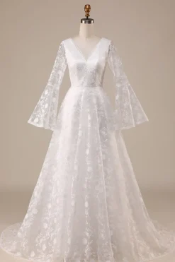 Ivory Lace Flare Sleeves A-Line Wedding Dress