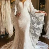 Ivory Long Sleeve Cape Lace Mermaid Wedding Dress with Appliques