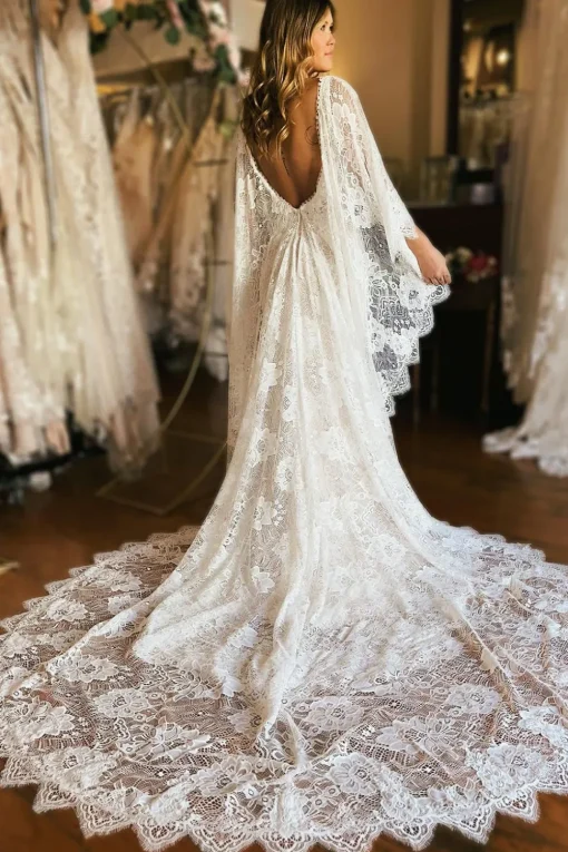 Ivory Long Sleeve Cape Lace Mermaid Wedding Dress with Appliques