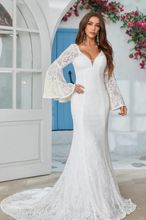 Ivory Mermaid Lace Flare Sleeves Wedding Dress