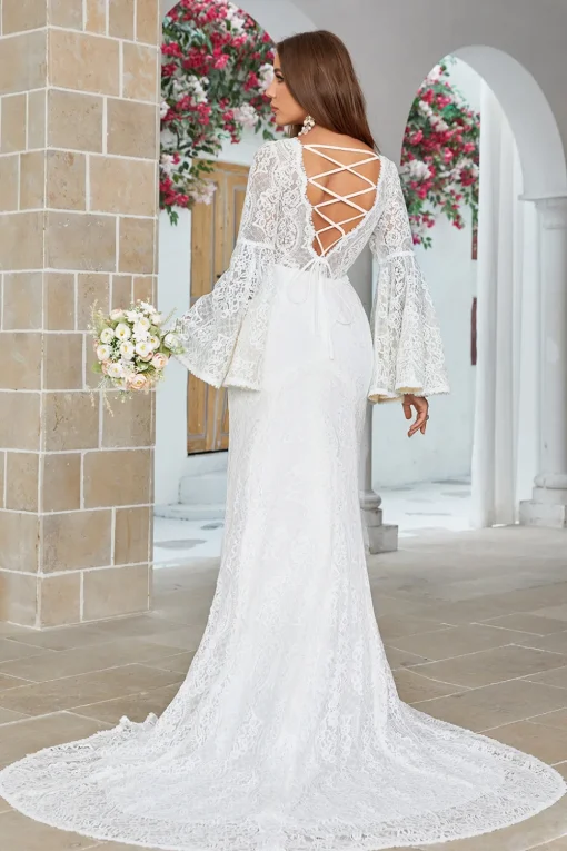 Ivory Mermaid Lace Flare Sleeves Wedding Dress
