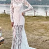 Ivory Mermaid Long Sleeves Lace Boho Wedding Dress With Sweep Train