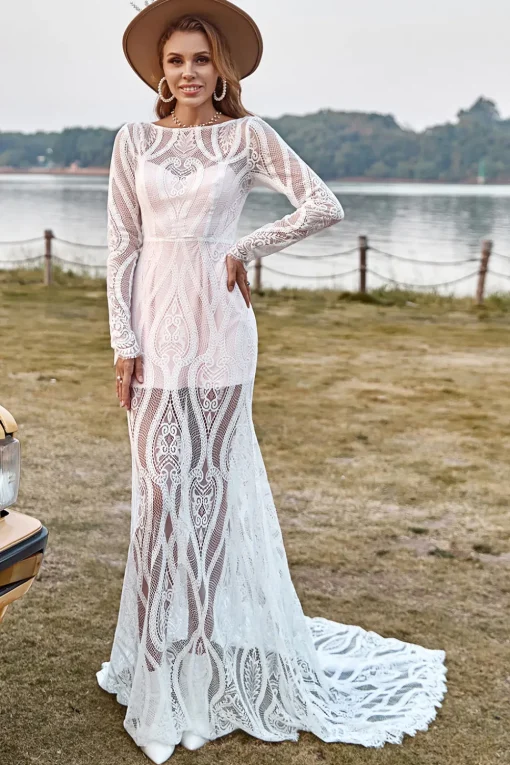 Ivory Mermaid Long Sleeves Lace Boho Wedding Dress With Sweep Train