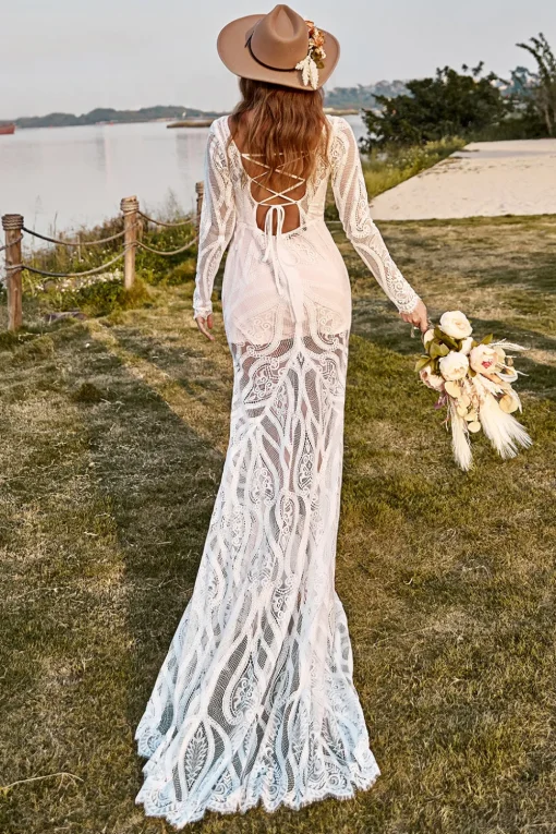 Ivory Mermaid Long Sleeves Lace Boho Wedding Dress With Sweep Train