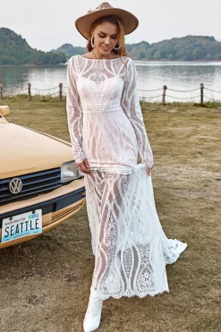 Ivory Mermaid Long Sleeves Lace Boho Wedding Dress With Sweep Train