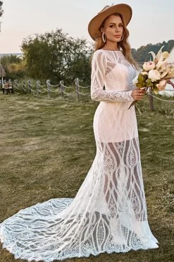 Ivory Mermaid Long Sleeves Lace Boho Wedding Dress With Sweep Train