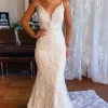 Ivory Mermaid Open Back Long Lace Wedding Dress