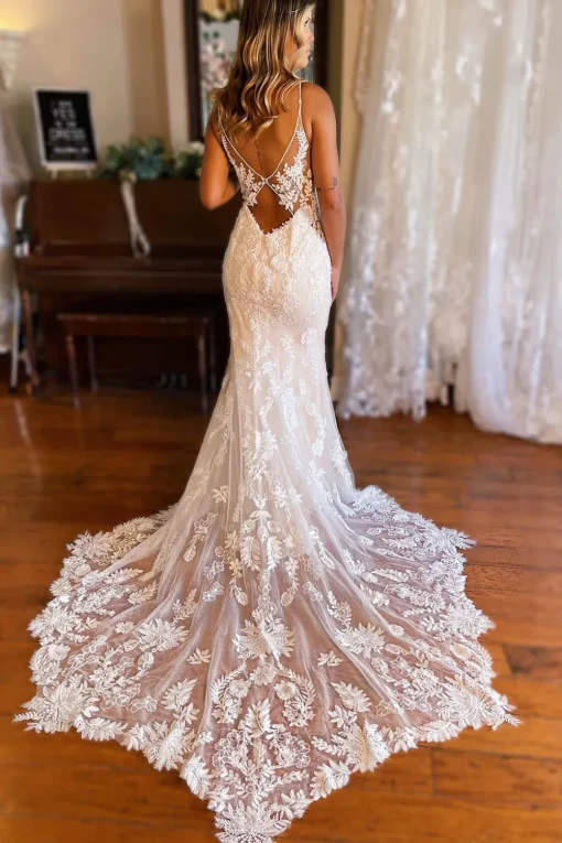 Ivory Mermaid Open Back Long Lace Wedding Dress
