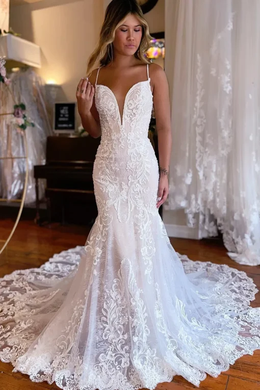 Ivory Mermaid Spaghetti Straps Backless Long Lace Wedding Dress