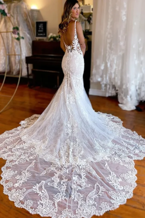 Ivory Mermaid Spaghetti Straps Backless Long Lace Wedding Dress