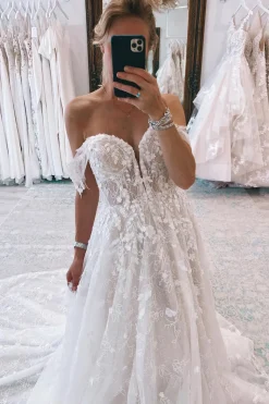 Ivory Off the Shoulder Long Lace Mermaid Wedding Dress with Appliques