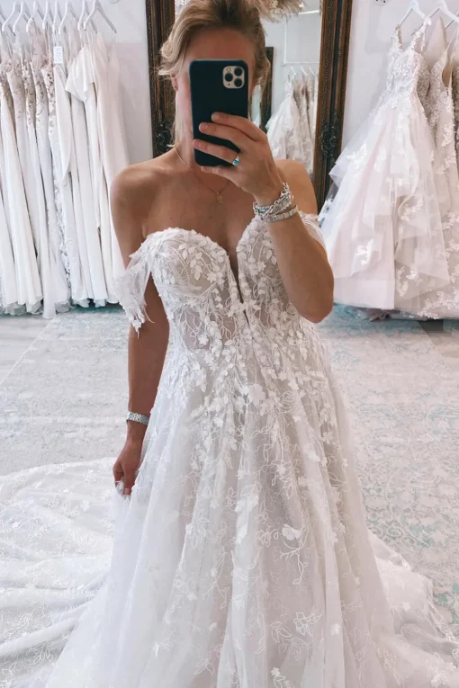 Ivory Off the Shoulder Long Lace Mermaid Wedding Dress with Appliques