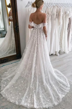Ivory Off the Shoulder Long Lace Mermaid Wedding Dress with Appliques